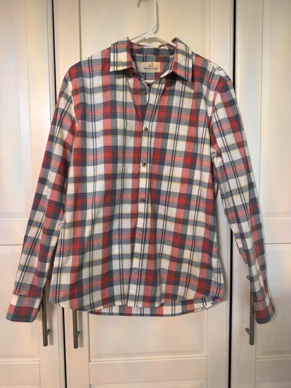 Marine Layer Plaid Button Down Shirt Red Blue Cotton Casual Flannel Style Medium